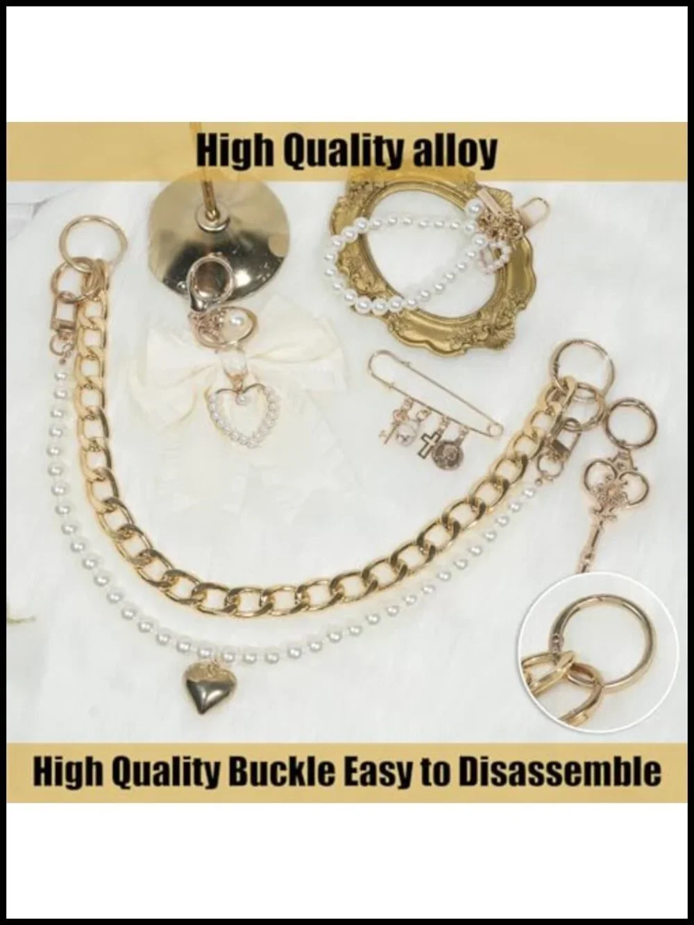 4 in 1 Bag Charms Set - Pearl Keychain Gold Chain Charm Handbag Purse